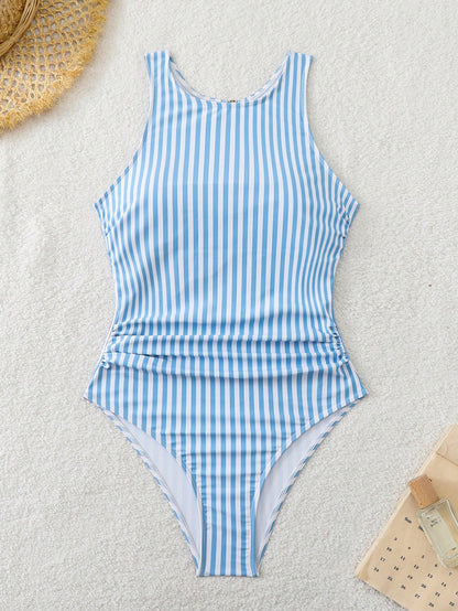 Swim SPRTY New Summer Striped Round Neck Sleeveless Backless Sports Style One-Piece Swimsuit For Women