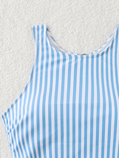 Swim SPRTY New Summer Striped Round Neck Sleeveless Backless Sports Style One-Piece Swimsuit For Women