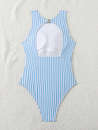 Swim SPRTY New Summer Striped Round Neck Sleeveless Backless Sports Style One-Piece Swimsuit For Women
