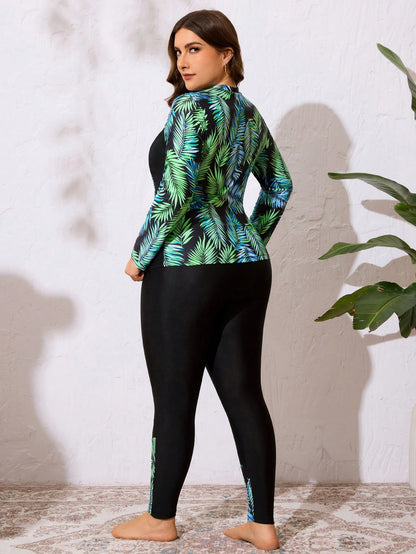 Swim SPRTY Plus Size Summer Beach Patchwork Printed Zip Front Rashguard Set