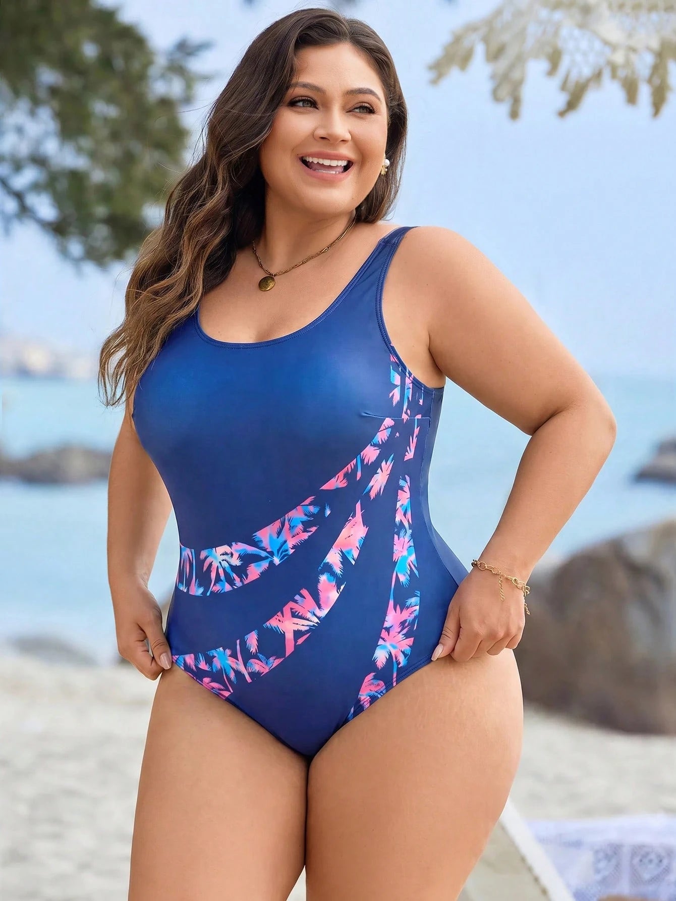 Swim SPRTY Plus Size Vacation Coconut Tree Print One-Piece Swimsuit