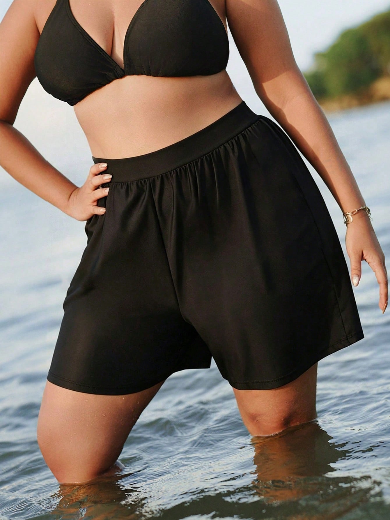 Swim SPRTY Plus Size Women 1pc Random Print Patchwork Black High Waist Loose Elastic Beach Shorts For Summer Beach Vacation