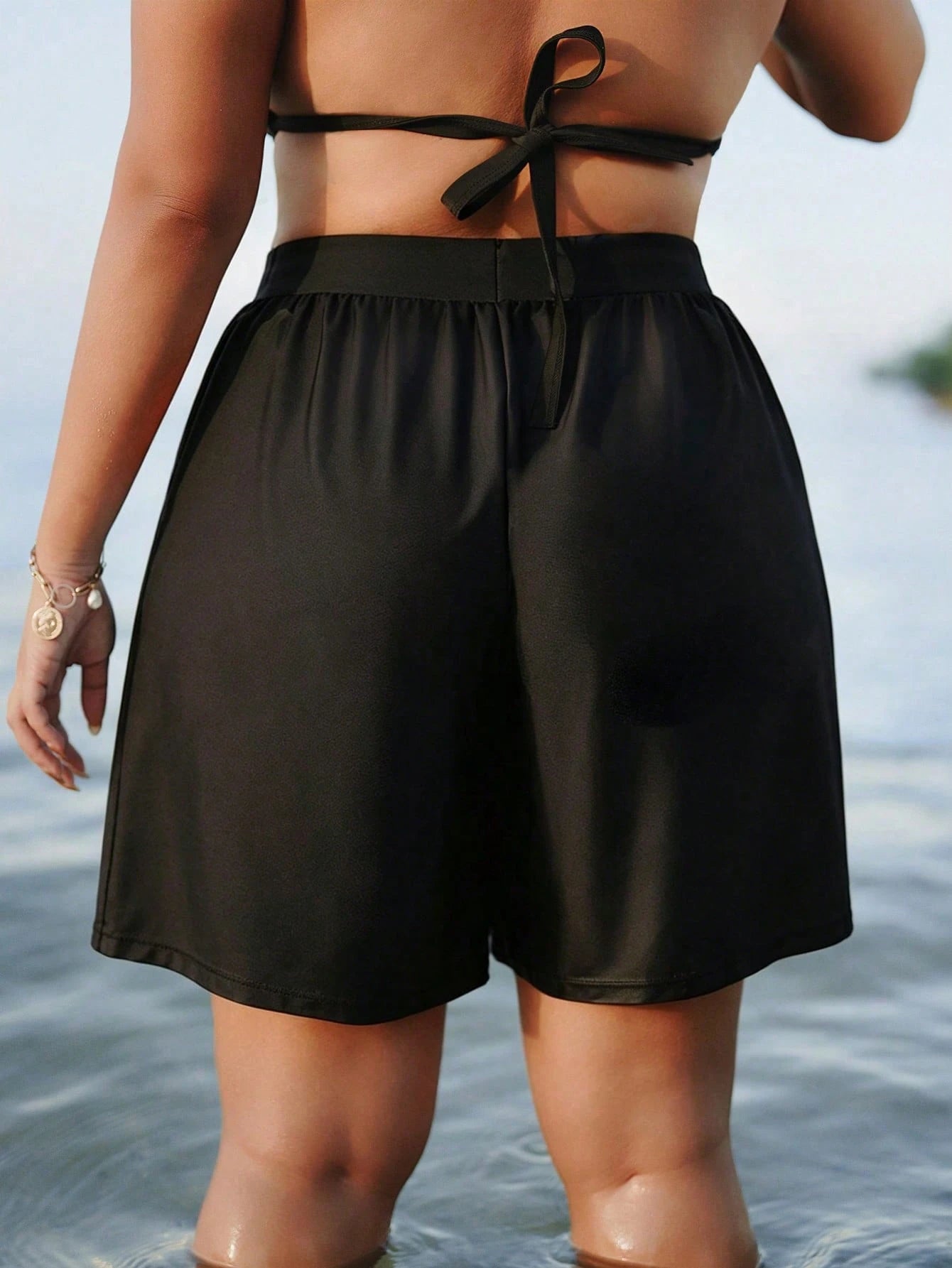 Swim SPRTY Plus Size Women 1pc Random Print Patchwork Black High Waist Loose Elastic Beach Shorts For Summer Beach Vacation