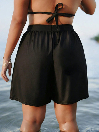 Swim SPRTY Plus Size Women 1pc Random Print Patchwork Black High Waist Loose Elastic Beach Shorts For Summer Beach Vacation