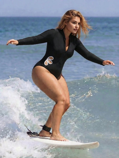 Swim SPRTY Plus Size Women's Solid Color Hollow Flower Long Sleeve Rash Guard One-Piece Swimsuit Beach Summer Sexy