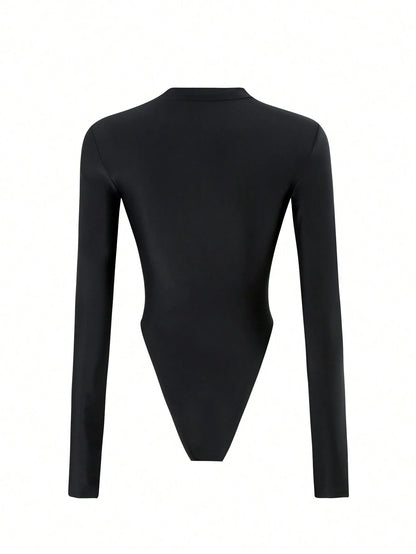 Swim SPRTY Springbreak Sports Style New Black Zip-Up Long Sleeve Fingerless Rash Guard For Women For Summer Beach Vacation