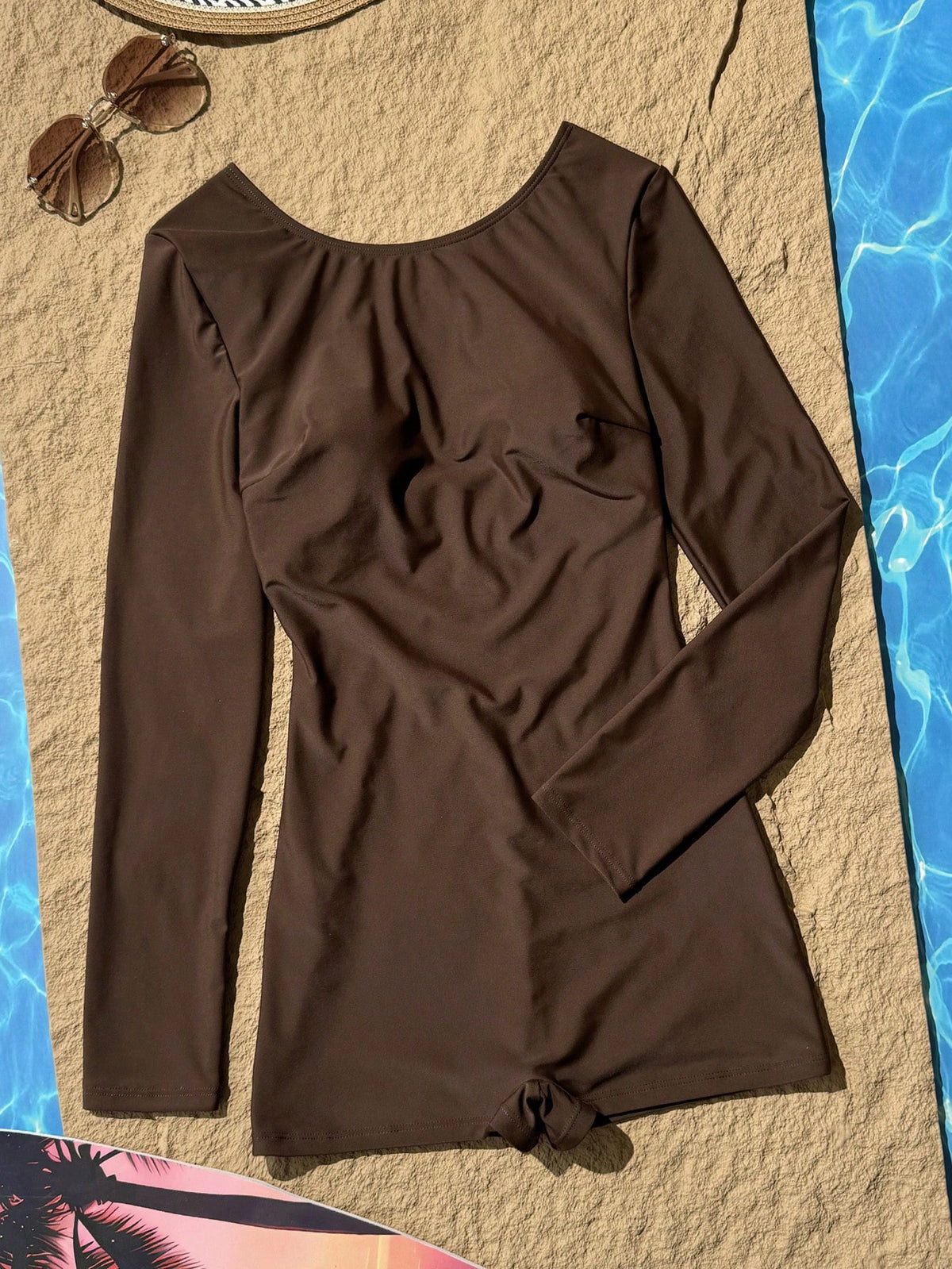 Swim SPRTY Women's Round Neck Hollow Backless Waist Long Sleeve Shorts Jumpsuit,Chocolate Brown,Summer,Modest,Beach,Holiday,Holiday,Surfing,Travel