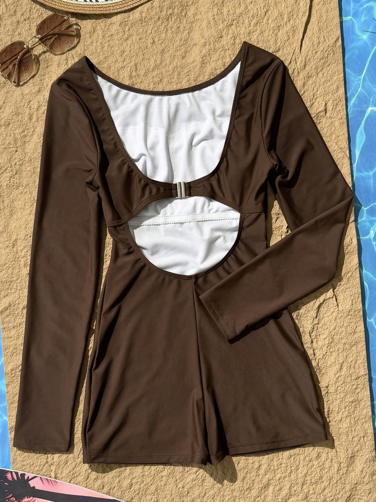 Swim SPRTY Women's Round Neck Hollow Backless Waist Long Sleeve Shorts Jumpsuit,Chocolate Brown,Summer,Modest,Beach,Holiday,Holiday,Surfing,Travel