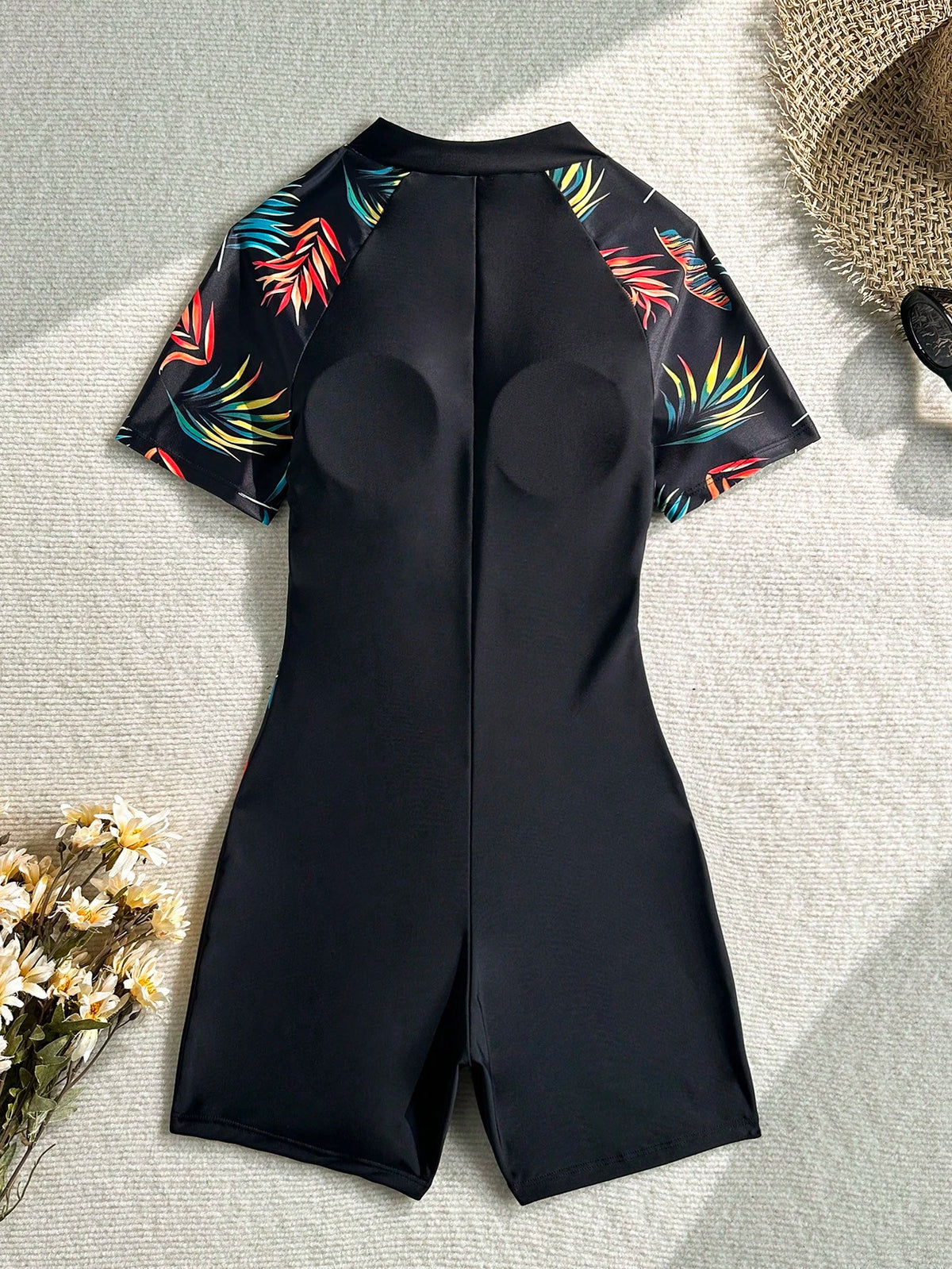 Swim SPRTY Women's Summer Beach Vacations Sporty Short-Sleeve Zip-Front One-Piece Swimsuit,Tropical Print One-Piece Bathing Suit With Shorts