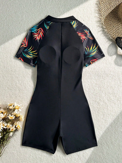 Swim SPRTY Women's Summer Beach Vacations Sporty Short-Sleeve Zip-Front One-Piece Swimsuit,Tropical Print One-Piece Bathing Suit With Shorts