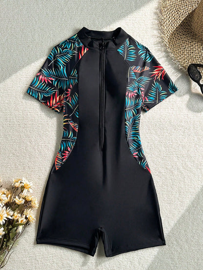 Swim SPRTY Women's Summer Beach Vacations Sporty Short-Sleeve Zip-Front One-Piece Swimsuit,Tropical Print One-Piece Bathing Suit With Shorts