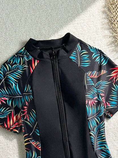 Swim SPRTY Women's Summer Beach Vacations Sporty Short-Sleeve Zip-Front One-Piece Swimsuit,Tropical Print One-Piece Bathing Suit With Shorts