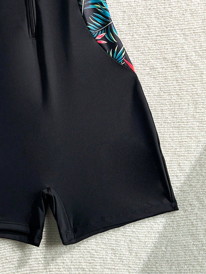Swim SPRTY Women's Summer Beach Vacations Sporty Short-Sleeve Zip-Front One-Piece Swimsuit,Tropical Print One-Piece Bathing Suit With Shorts