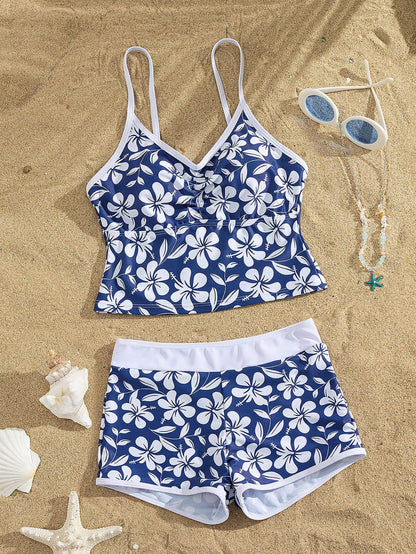 Swim SPRTY Women's Summer Casual Tropical Holiday Vacation Baby Blue Floral Hibiscus Print Cropped Cami Top High-Waisted Boyleg Shorts 2 Piece Swimsuit Set Surf