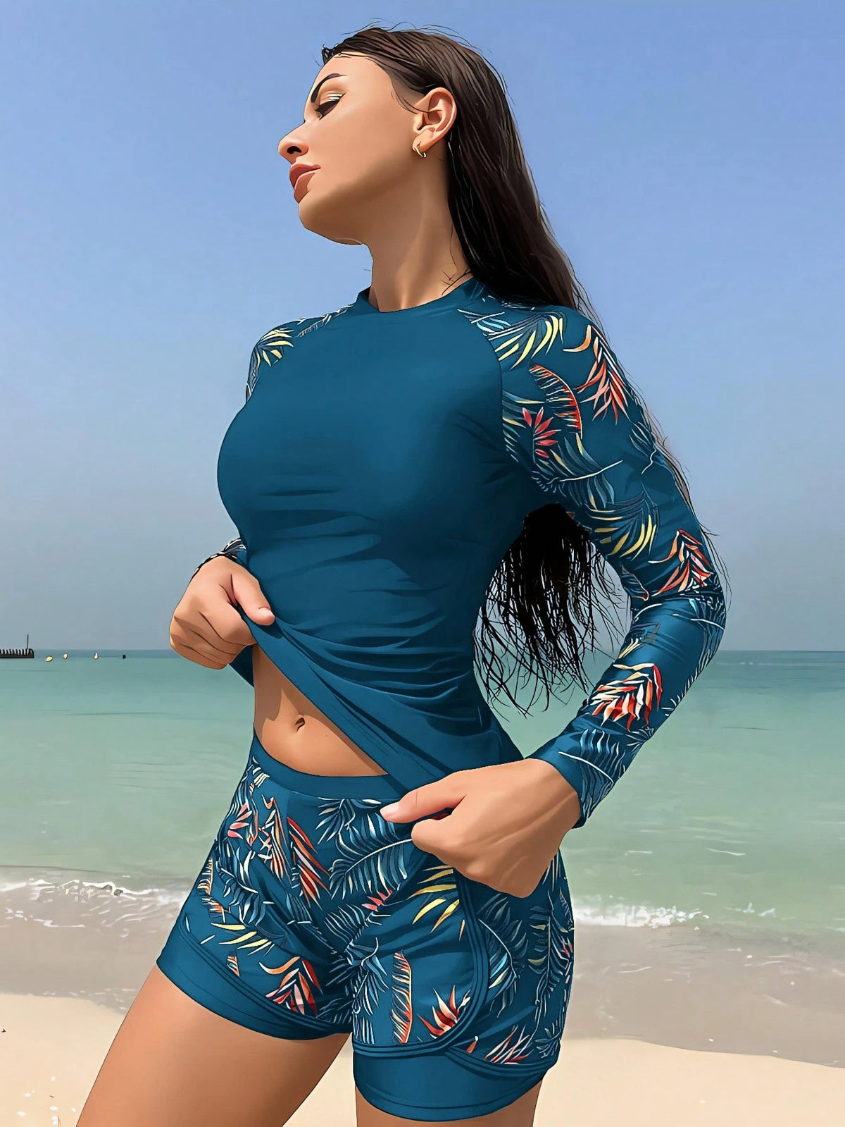 Swim SPRTY Women's Tropical Plant Print Casual Long Sleeve Sunscreen Jacket And Shorts Set, Suitable For Beach Vacation