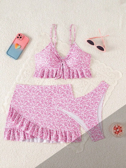 Swim Summer Beach Women's Full-Print Random Pattern Ruffle Hem 3pcs Bikini Set