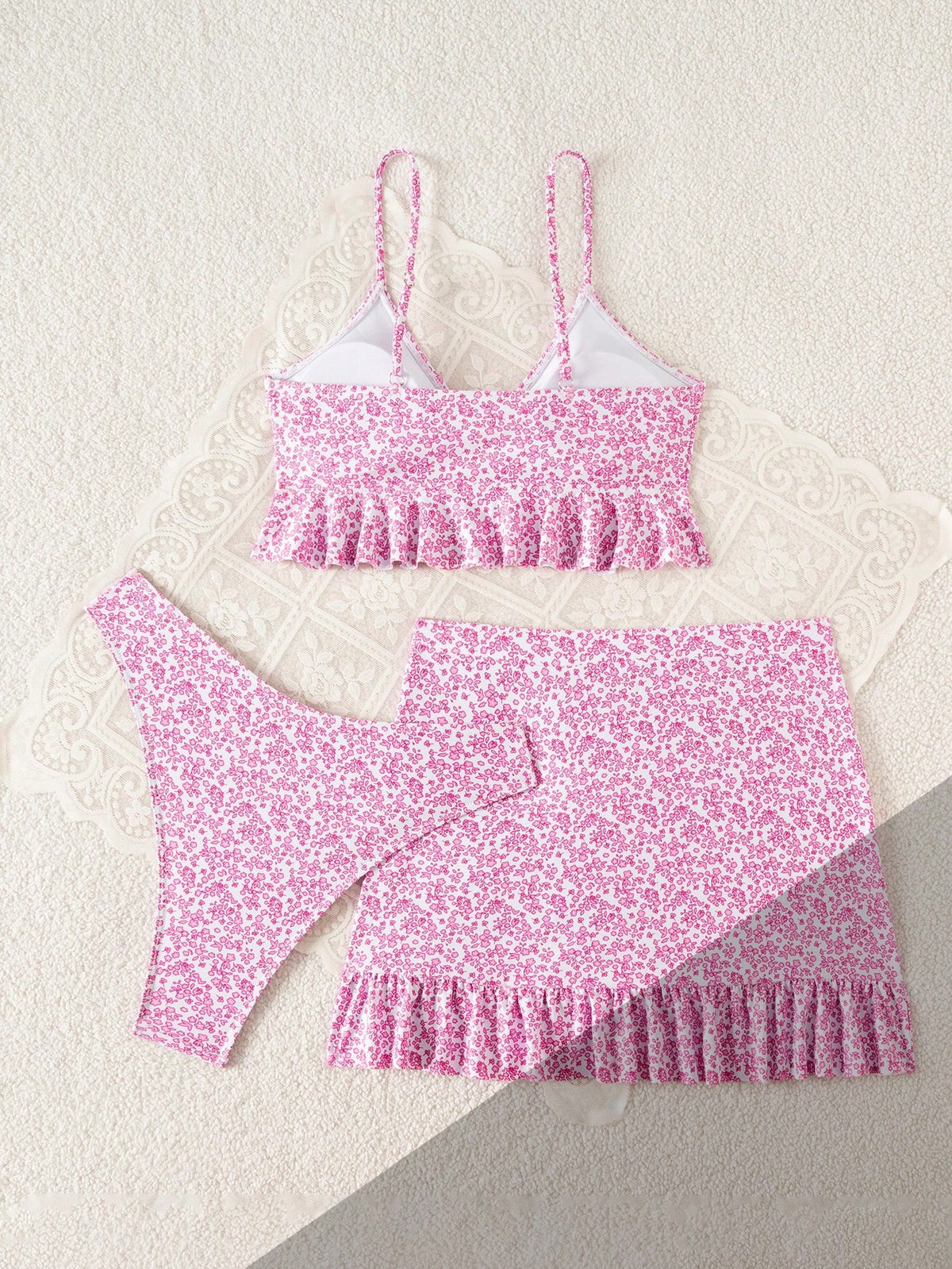 Swim Summer Beach Women's Full-Print Random Pattern Ruffle Hem 3pcs Bikini Set