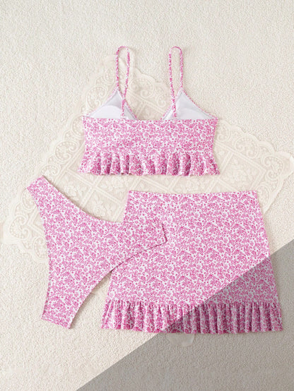 Swim Summer Beach Women's Full-Print Random Pattern Ruffle Hem 3pcs Bikini Set