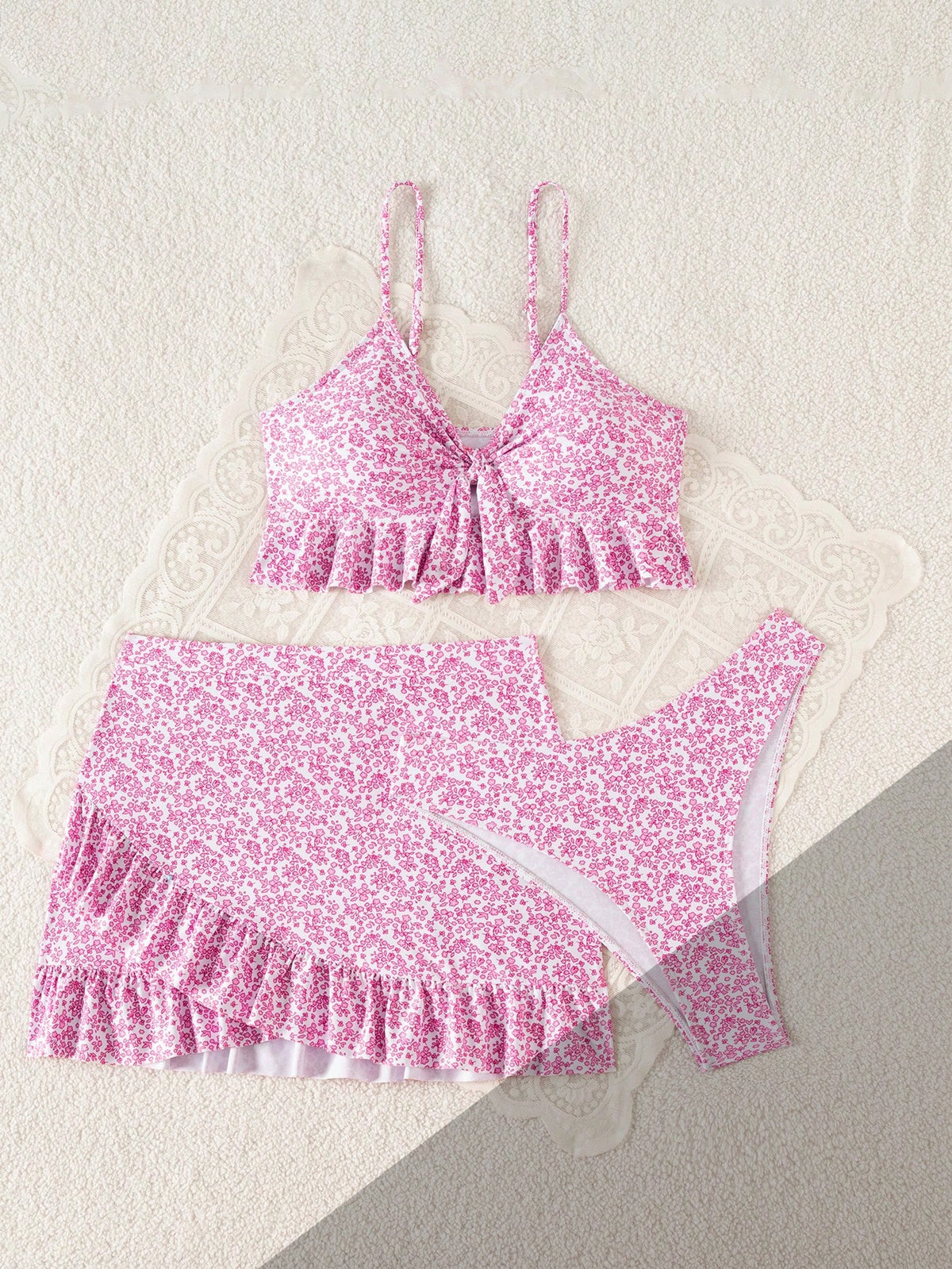 Swim Summer Beach Women's Full-Print Random Pattern Ruffle Hem 3pcs Bikini Set