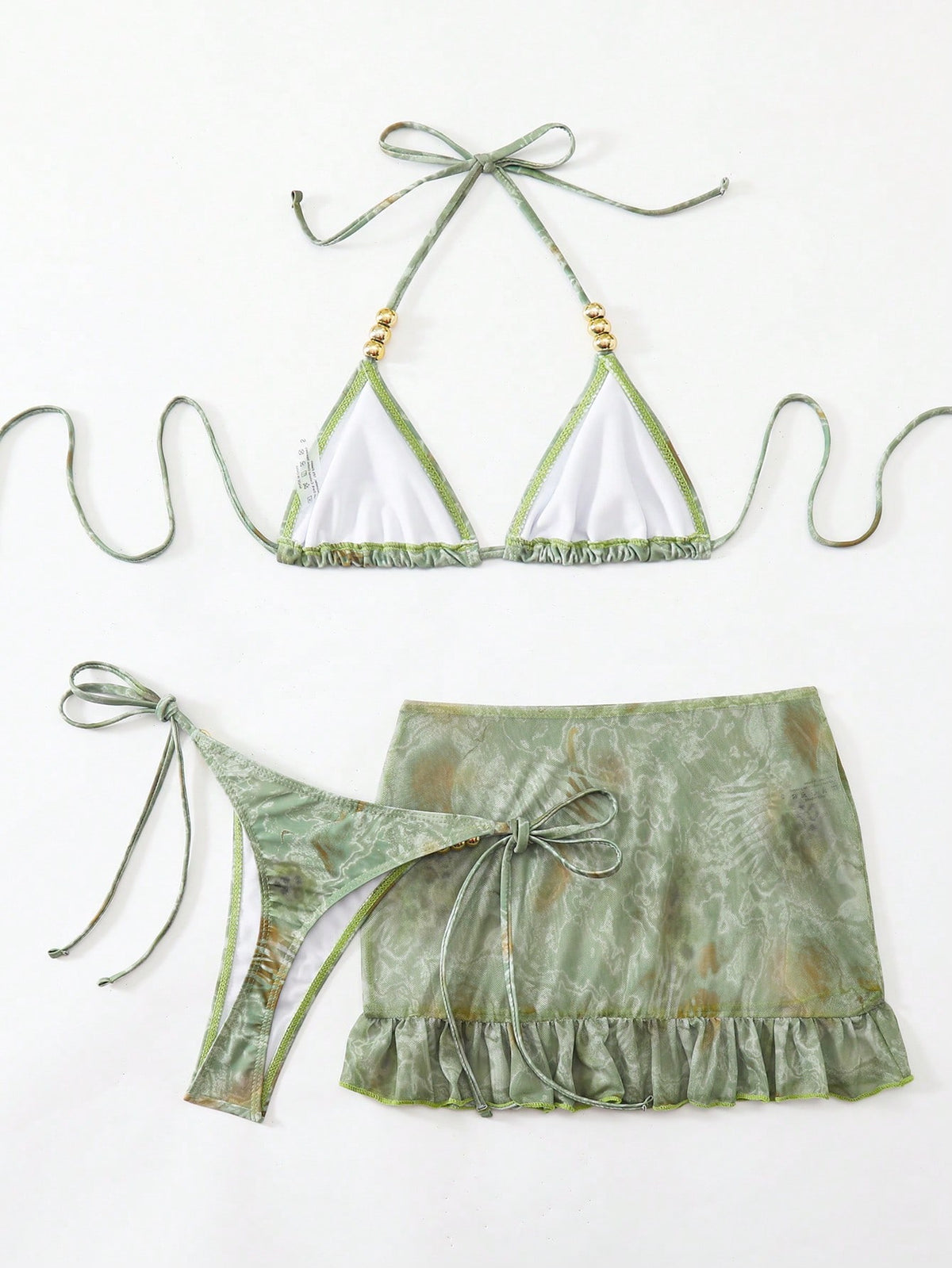 Swim SXY 3pcs Set: Tie-Dye Print Beaded Halter Top, Tie-Front Swim Bottoms, And Mini Skirt Bikini Set