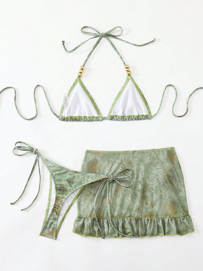 Swim SXY 3pcs Set: Tie-Dye Print Beaded Halter Top, Tie-Front Swim Bottoms, And Mini Skirt Bikini Set
