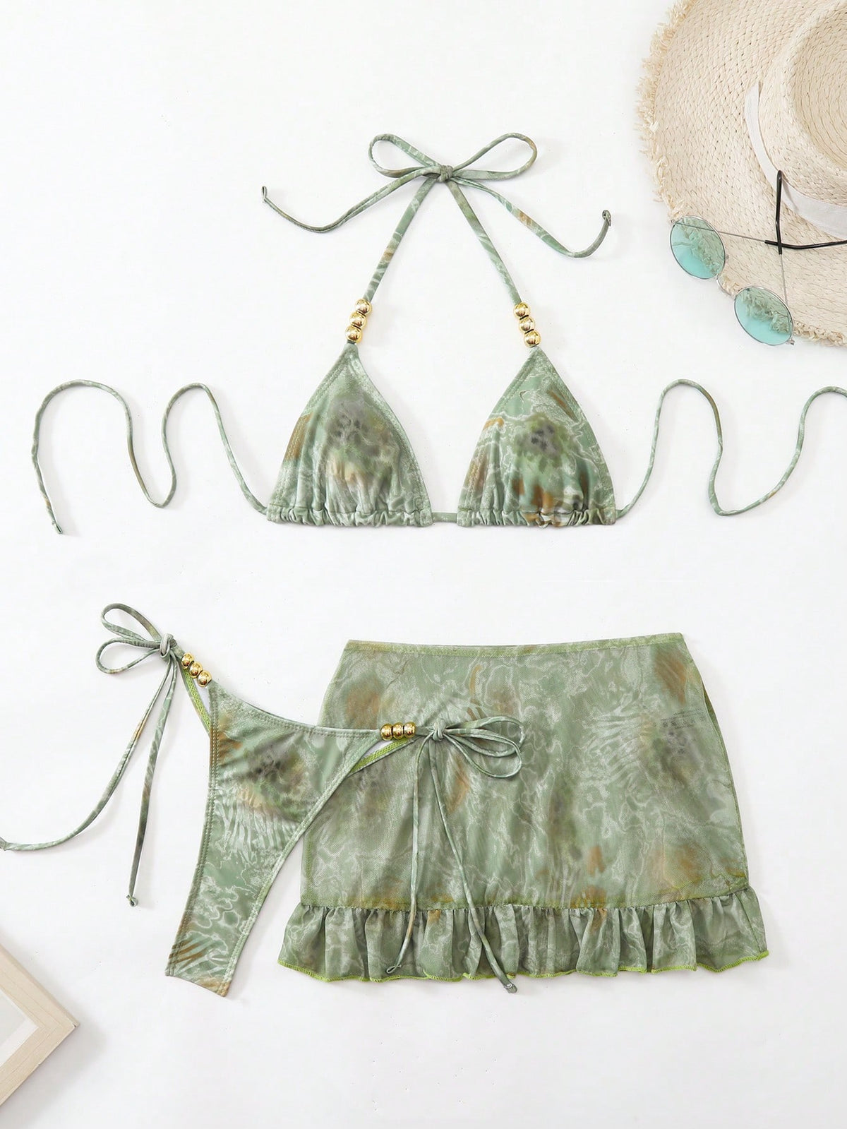 Swim SXY 3pcs Set: Tie-Dye Print Beaded Halter Top, Tie-Front Swim Bottoms, And Mini Skirt Bikini Set