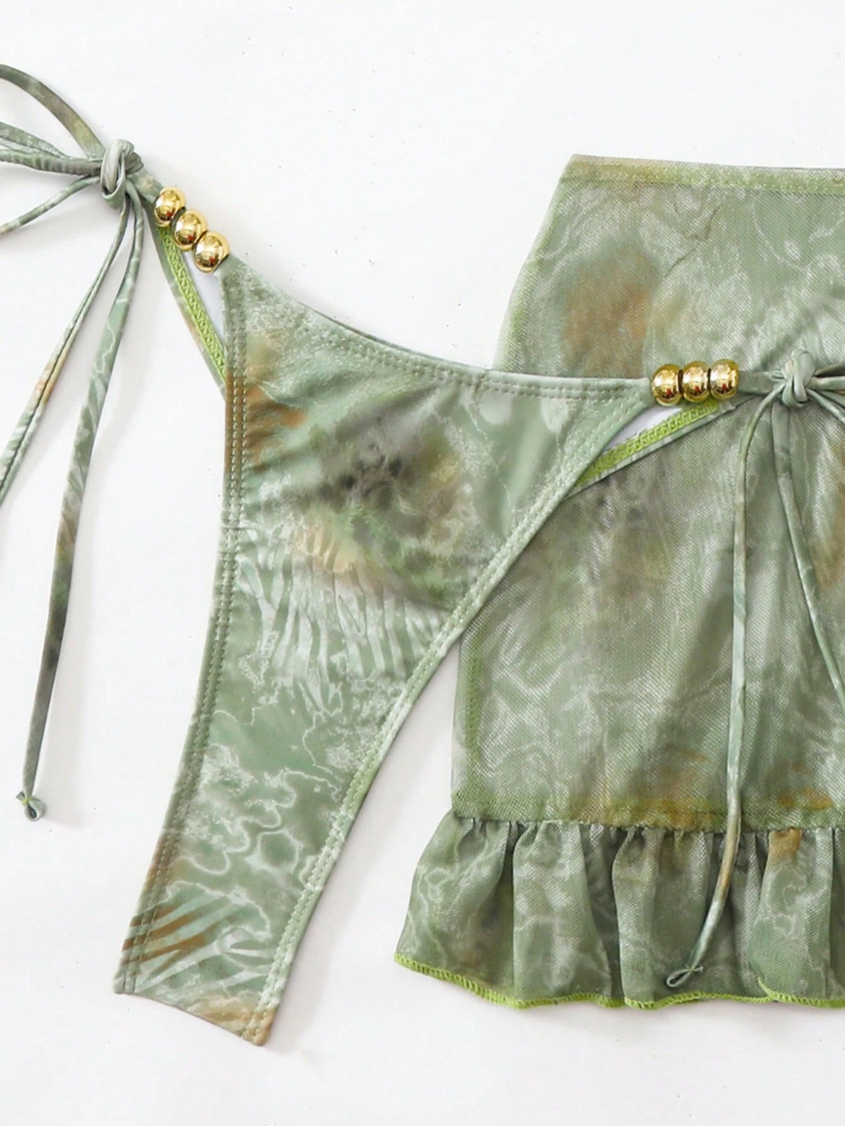 Swim SXY 3pcs Set: Tie-Dye Print Beaded Halter Top, Tie-Front Swim Bottoms, And Mini Skirt Bikini Set