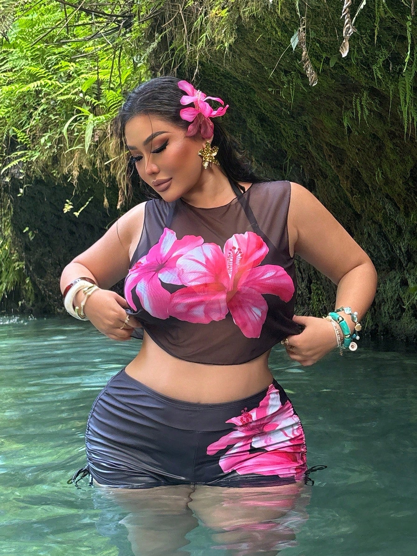 Swim SXY Cerise Pink Summer Beach Vacation Holiday Digital Print 3-Piece Swimsuit Set,Detachable Padded Halter Bikini Top,Side Drawstring Briefs&Mesh Cover-Up