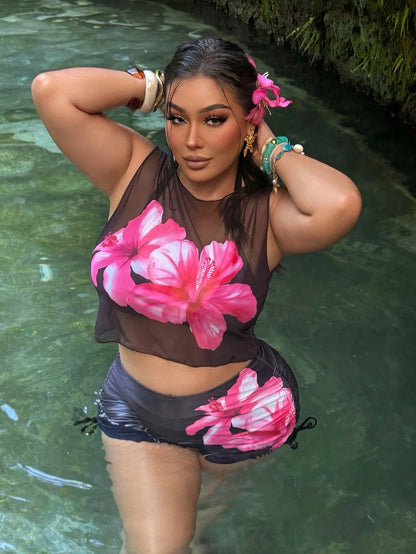 Swim SXY Cerise Pink Summer Beach Vacation Holiday Digital Print 3-Piece Swimsuit Set,Detachable Padded Halter Bikini Top,Side Drawstring Briefs&Mesh Cover-Up