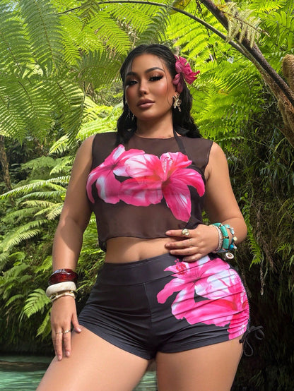 Swim SXY Cerise Pink Summer Beach Vacation Holiday Digital Print 3-Piece Swimsuit Set,Detachable Padded Halter Bikini Top,Side Drawstring Briefs&Mesh Cover-Up