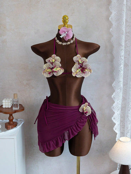 Swim SXY New Fashionable 3pcs/Set 3D Orchid Halter Bikini Top, Tie-Up Triangle Bottoms, Ruffle Mesh Mini Skirt Swimwear Set (Flower Pattern Random)