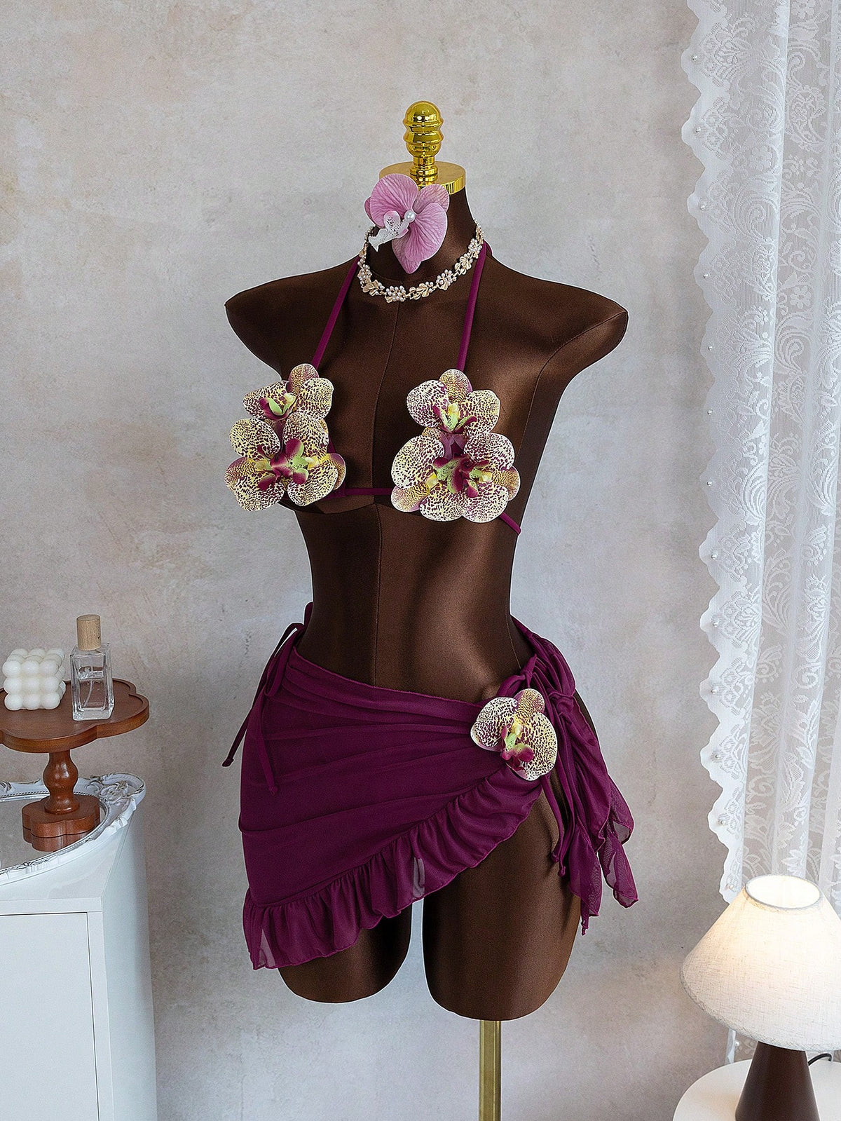 Swim SXY New Fashionable 3pcs/Set 3D Orchid Halter Bikini Top, Tie-Up Triangle Bottoms, Ruffle Mesh Mini Skirt Swimwear Set (Flower Pattern Random)