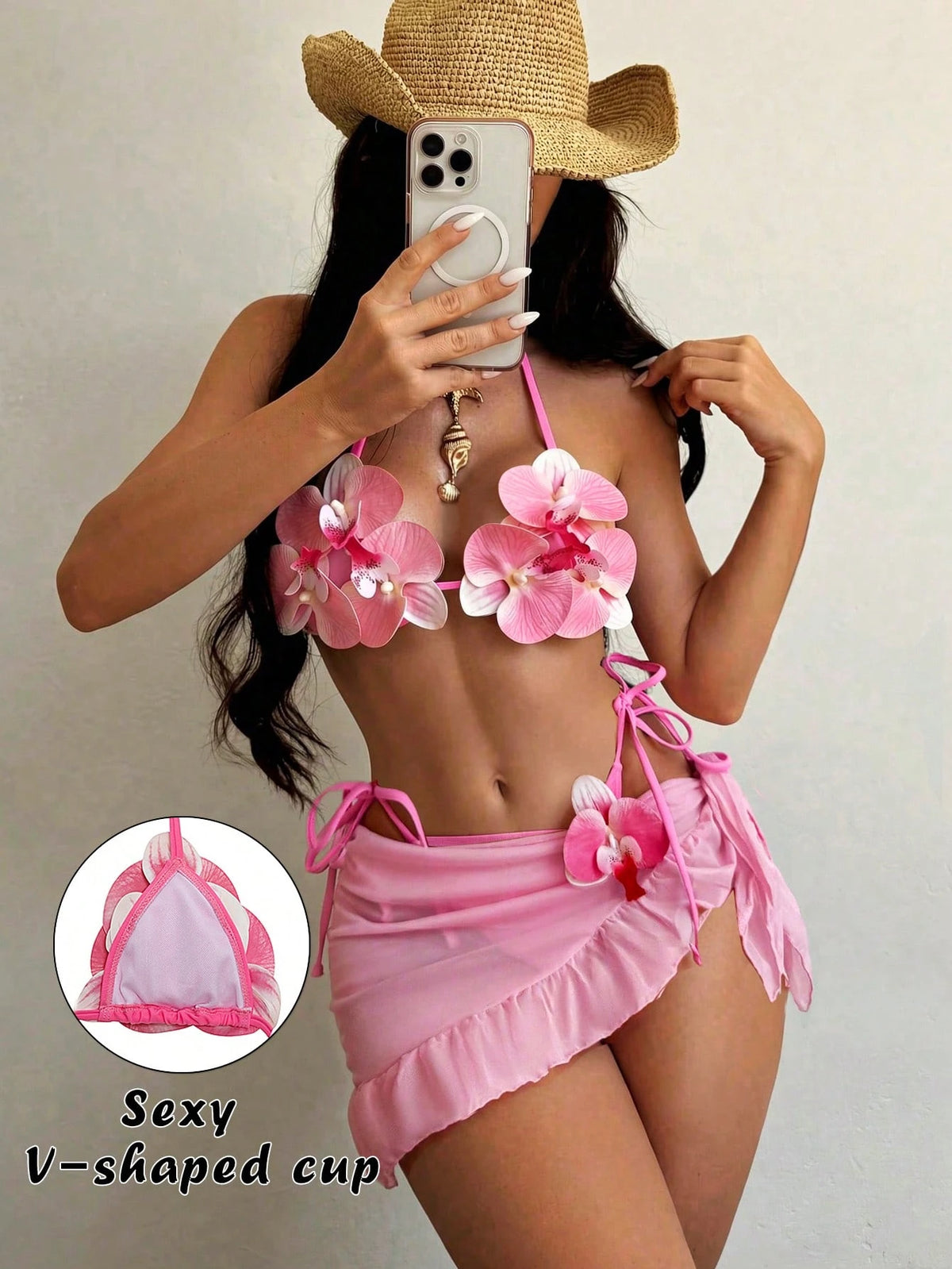 Swim SXY New Fashionable 3pcs/Set 3D Orchid Halter Bikini Top, Tie-Up Triangle Bottoms, Ruffle Mesh Mini Skirt Swimwear Set (Flower Pattern Random)