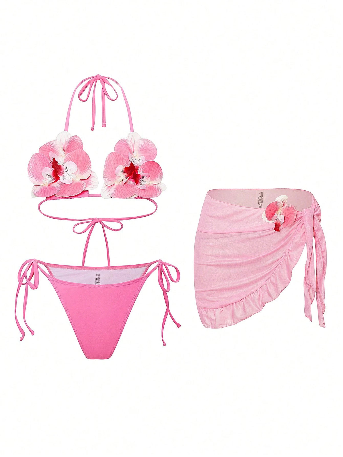 Swim SXY New Fashionable 3pcs/Set 3D Orchid Halter Bikini Top, Tie-Up Triangle Bottoms, Ruffle Mesh Mini Skirt Swimwear Set (Flower Pattern Random)