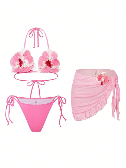 Swim SXY New Fashionable 3pcs/Set 3D Orchid Halter Bikini Top, Tie-Up Triangle Bottoms, Ruffle Mesh Mini Skirt Swimwear Set (Flower Pattern Random)