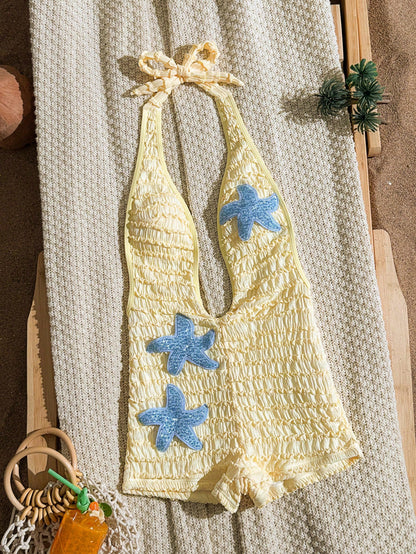Swim SXY New Spring Summer Pale Yellow Textured Fabric Blue Glowing Ocean Decor Starfish Trim Deep V Sexy Backless One-Piece Women's Swimsuit Beach Vacation Romantic Style