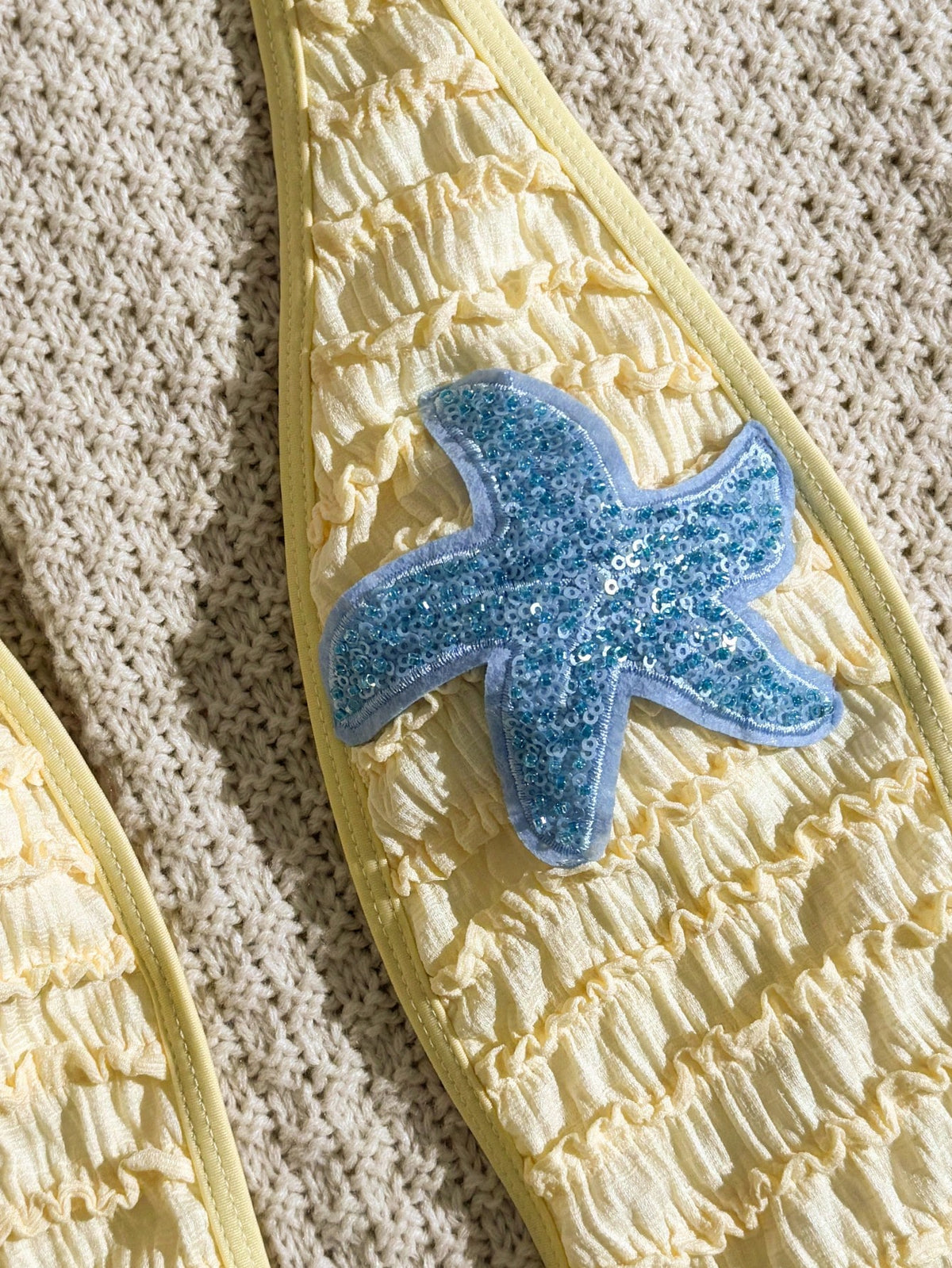 Swim SXY New Spring Summer Pale Yellow Textured Fabric Blue Glowing Ocean Decor Starfish Trim Deep V Sexy Backless One-Piece Women's Swimsuit Beach Vacation Romantic Style