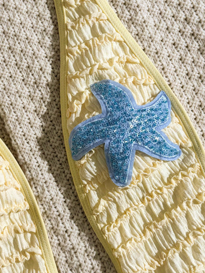 Swim SXY New Spring Summer Pale Yellow Textured Fabric Blue Glowing Ocean Decor Starfish Trim Deep V Sexy Backless One-Piece Women's Swimsuit Beach Vacation Romantic Style