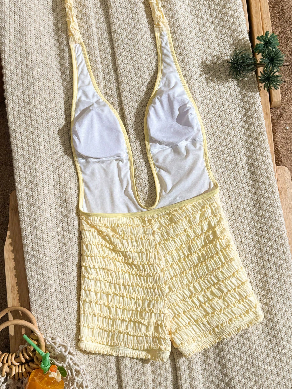 Swim SXY New Spring Summer Pale Yellow Textured Fabric Blue Glowing Ocean Decor Starfish Trim Deep V Sexy Backless One-Piece Women's Swimsuit Beach Vacation Romantic Style