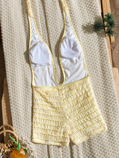 Swim SXY New Spring Summer Pale Yellow Textured Fabric Blue Glowing Ocean Decor Starfish Trim Deep V Sexy Backless One-Piece Women's Swimsuit Beach Vacation Romantic Style