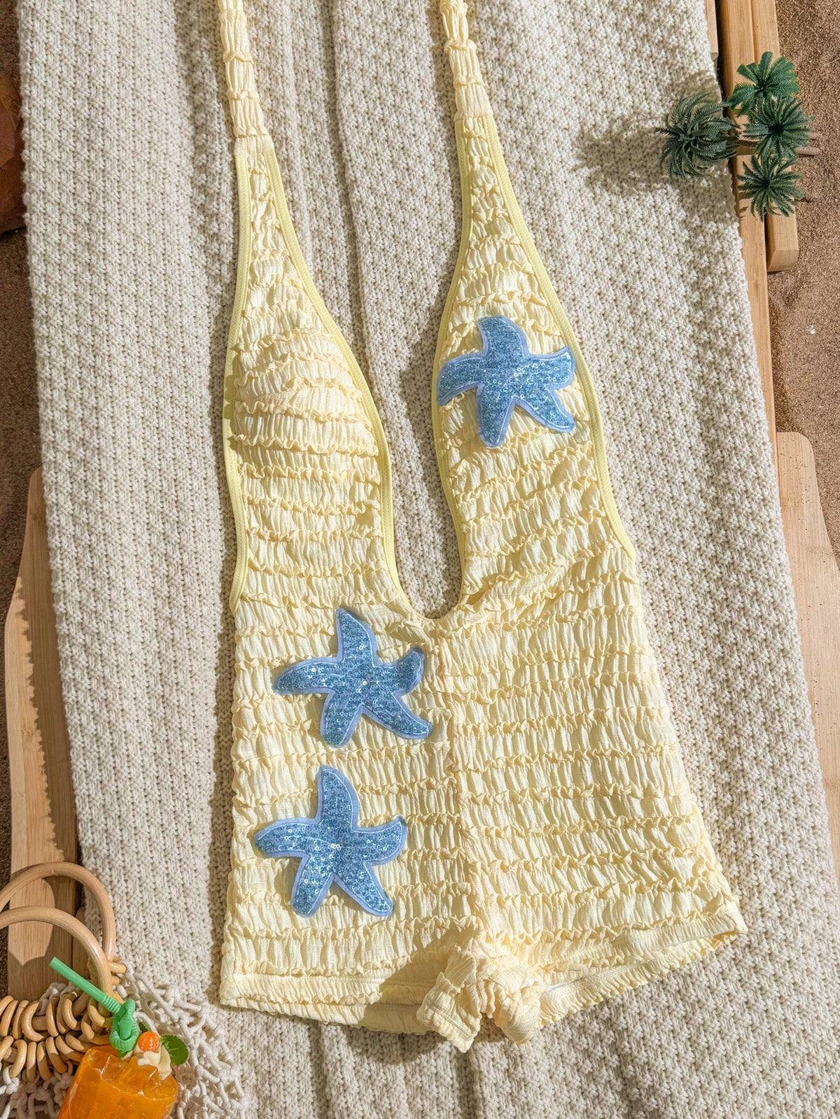 Swim SXY New Spring Summer Pale Yellow Textured Fabric Blue Glowing Ocean Decor Starfish Trim Deep V Sexy Backless One-Piece Women's Swimsuit Beach Vacation Romantic Style
