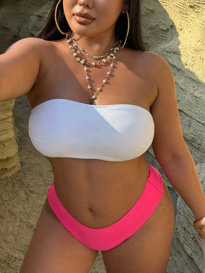Swim SXY Plus Size 3pcs Set: Solid & Leopard Print Tube Top Swimwear Top Summer