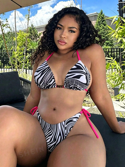 Swim SXY Plus Size Women's 2pcs Halter Backless Tie Bikini Set, Printed Bikini Set For Beach & Holiday