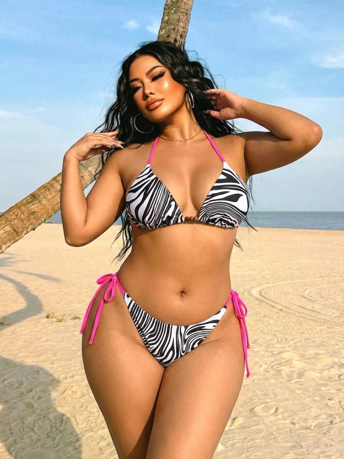Swim SXY Plus Size Women's 2pcs Halter Backless Tie Bikini Set, Printed Bikini Set For Beach & Holiday