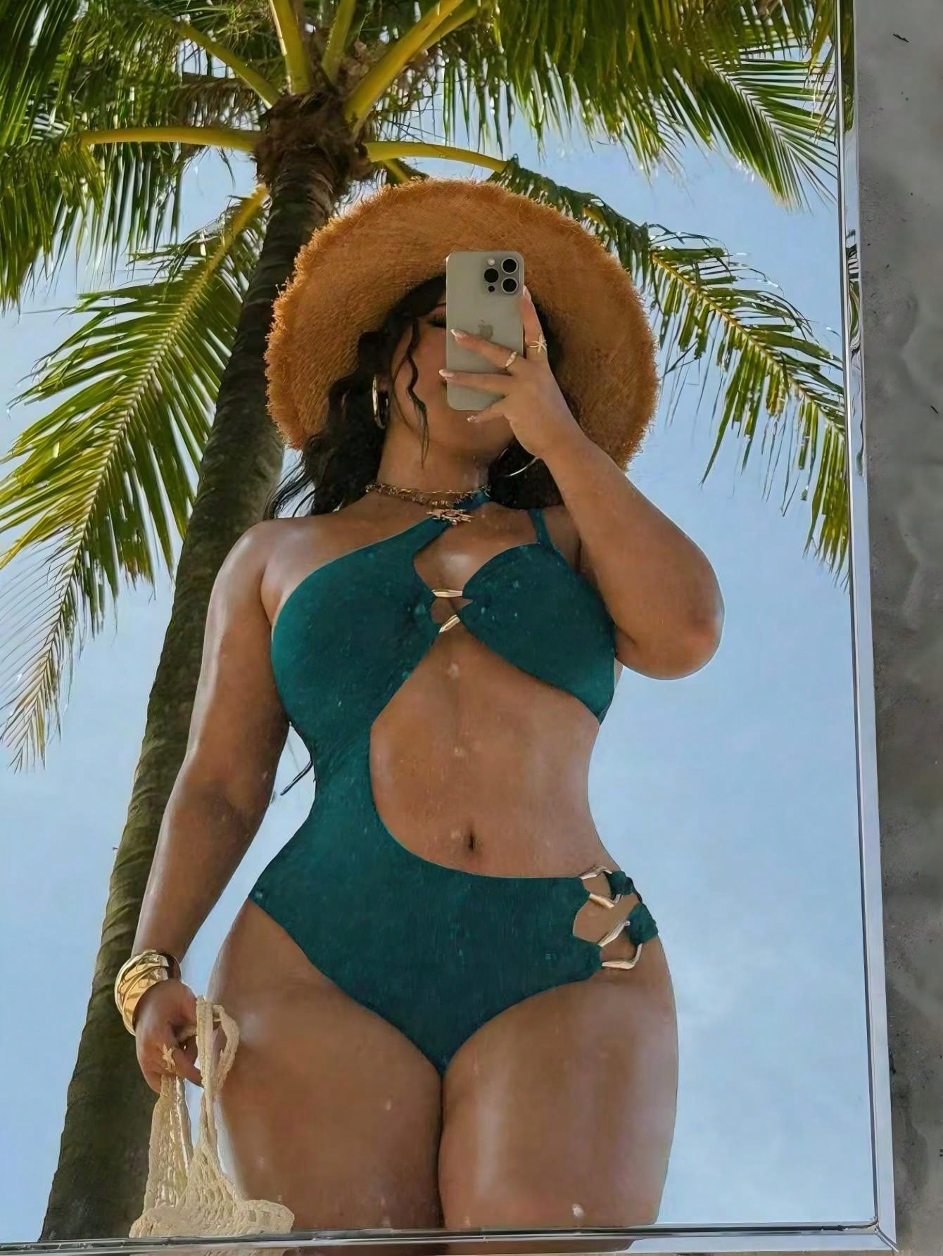 Swim SXY Plus Size Women's Solid Brown Knit One-Piece Swimsuit, Minimalist Oblique Collar Strap Design, Casual Resort Style
