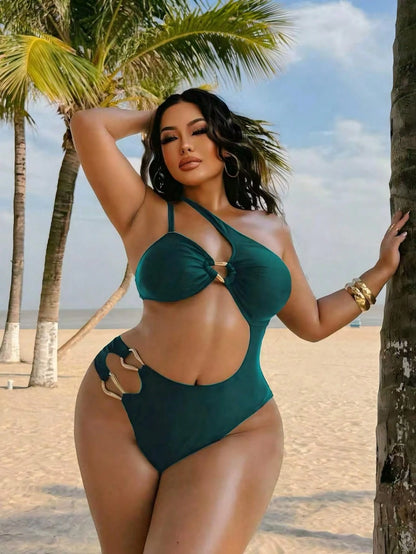 Swim SXY Plus Size Women's Solid Brown Knit One-Piece Swimsuit, Minimalist Oblique Collar Strap Design, Casual Resort Style