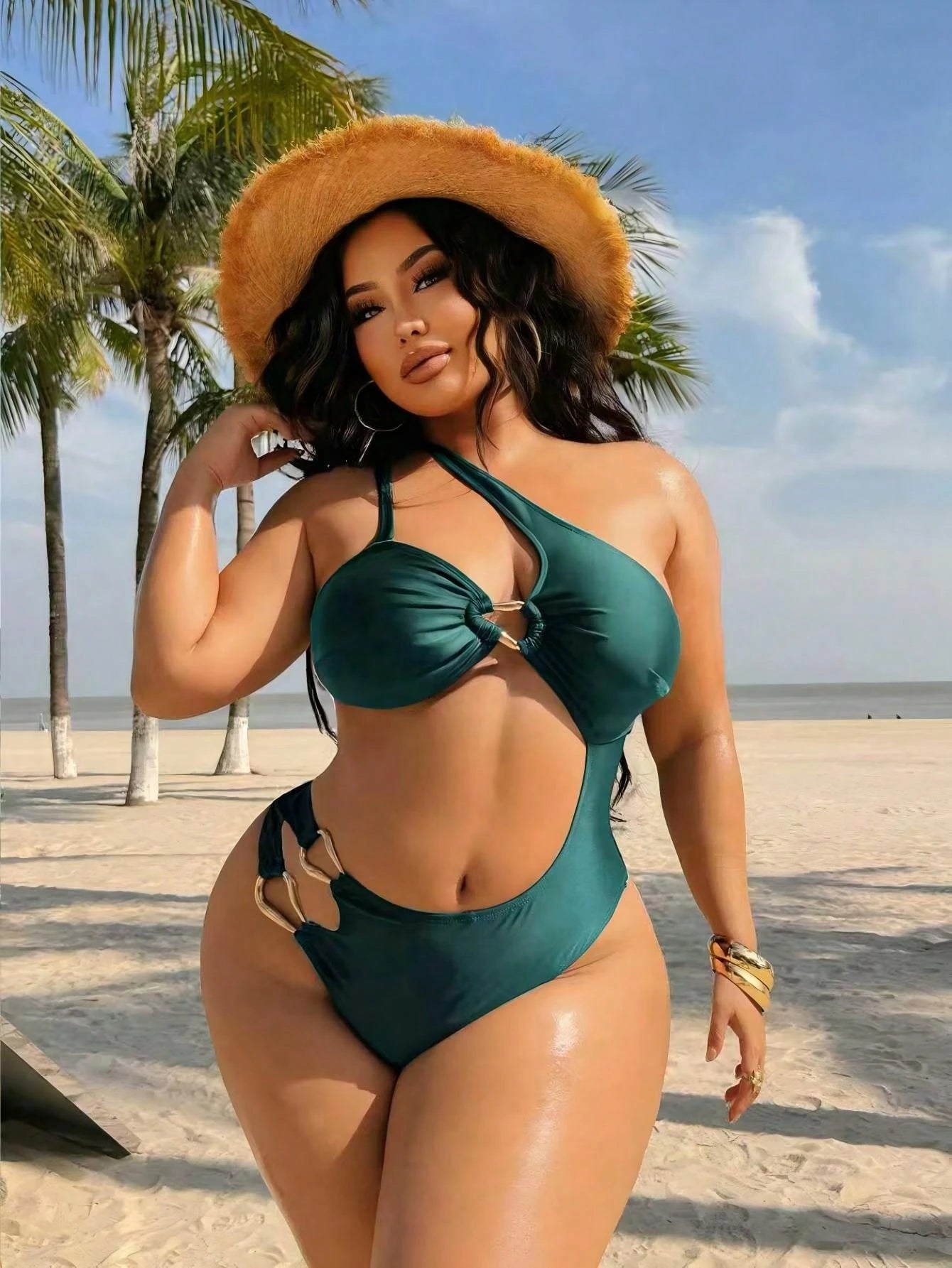 Swim SXY Plus Size Women's Solid Brown Knit One-Piece Swimsuit, Minimalist Oblique Collar Strap Design, Casual Resort Style