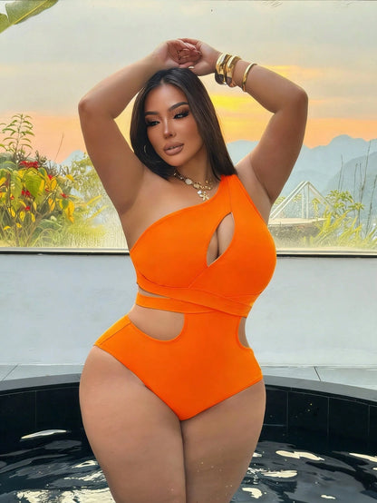 Swim SXY Plus Size Women Solid Color Asymmetrical Shoulder Hollow Waist Tie One-Piece Swimsuit One Piece Swimsuit Cut Out Swimsuit Plus Bathing Suits For Women