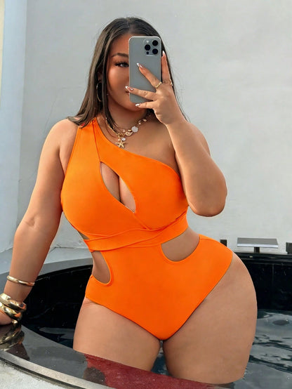 Swim SXY Plus Size Women Solid Color Asymmetrical Shoulder Hollow Waist Tie One-Piece Swimsuit One Piece Swimsuit Cut Out Swimsuit Plus Bathing Suits For Women