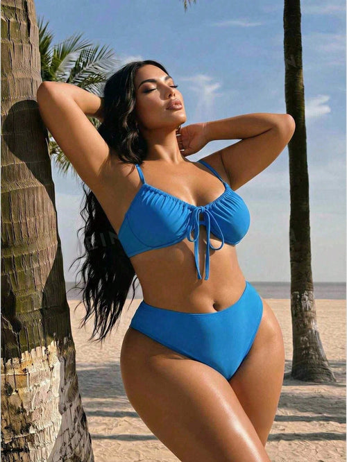 Swim SXY Plus Size Women Summer Beach Solid Color Ruched Spaghetti Strap Bikini And Triangle Panty Swimwear Set